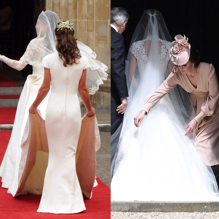 Pippa Middleton adjusting the train on the wedding gown of her sister, the Duchess of Cambridge in 2011, and the Duchess returning the favor for her sister in 2017.