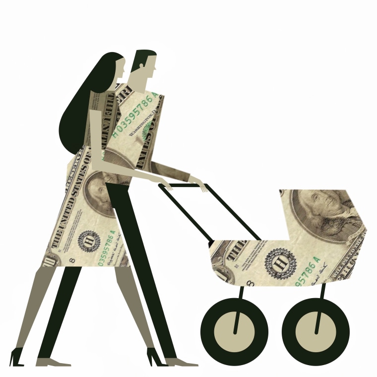 Image: Young couple with clothes and pushchair made out of US dollar banknotes