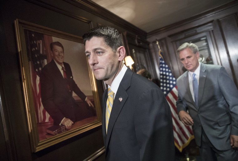 Image: House Speaker Paul Ryan, followed by House Majority Leader Kevin McCarthy of Calif., leaves after a news conference