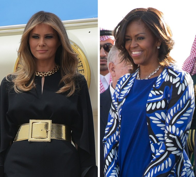 Image: A combo of first ladies Melania Trump and Michelle Obama in Saudi Arabia