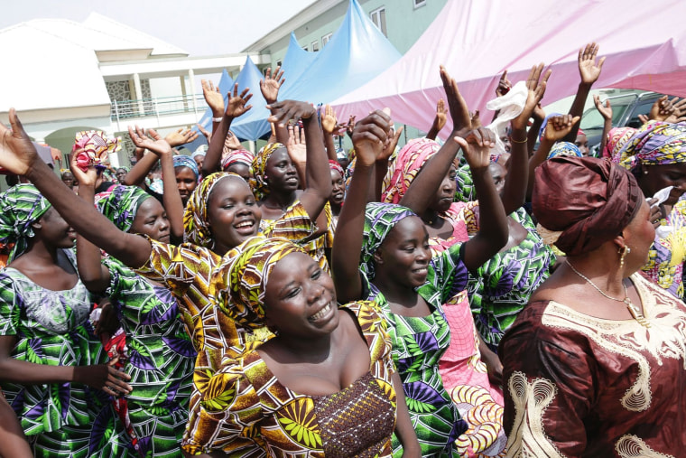 Image: Chibok girls celebrating before being reunited with their families