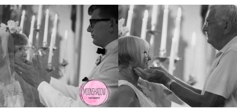 Then and now: Photographer Jenilee Counsil photographed Mike and Carol posing this month just the way they had on their wedding day, and combined their original photo taken by Mueller Studio with the new image, to create a striking side-by-side photo.