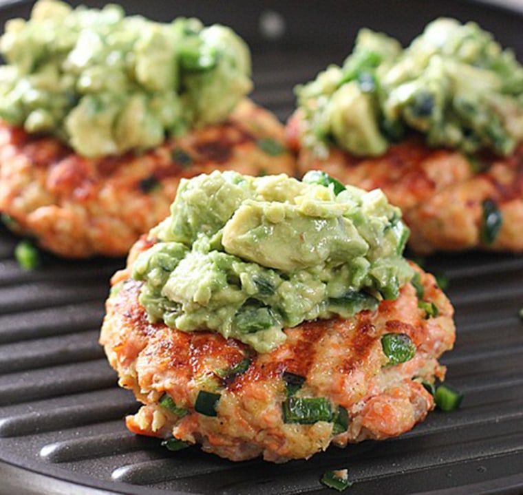 Grilled Salmon Burgers with Avocado Salsa
Credit: laughing Spatula