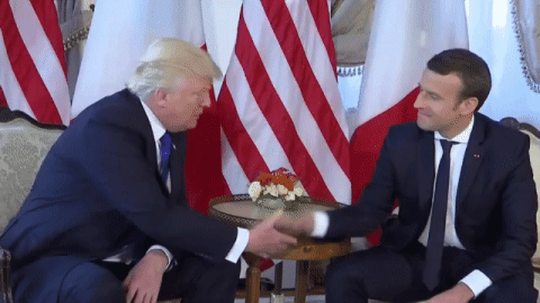 Image: President Donald Trump shakes hands with French President Emmanuel Macron