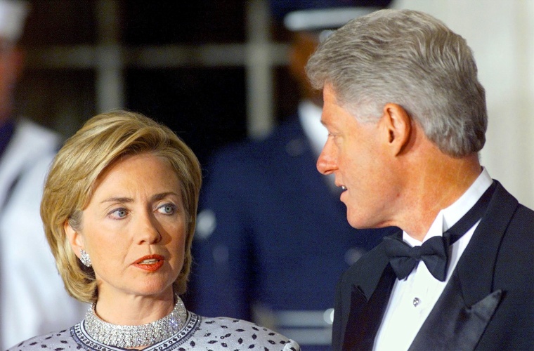 Image: President Bill Clinton and First Lady Hillary Rodham Clinton talk prior to an official State Dinner at the White House in Washington, DC, Sept. 16, 2017.