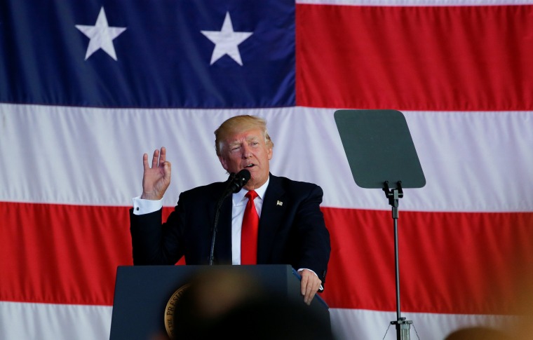 Image: U.S. President Trump delivers remarks to U.S. troops at the Naval Air Station Sigonella before returning to Washington D.C. at Sigonella Air Force Base in Sigonella