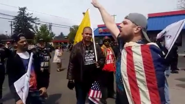 Image: Screen grab of Portland murder suspect Jeremy Christian at a \"free speech rally\" in Portland, Oregon, on April 29, 2017.