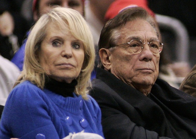 Image: Los Angeles Clippers owner Donald Sterling, center, and his wife Shelly attend an NBA basketball game in 2008.