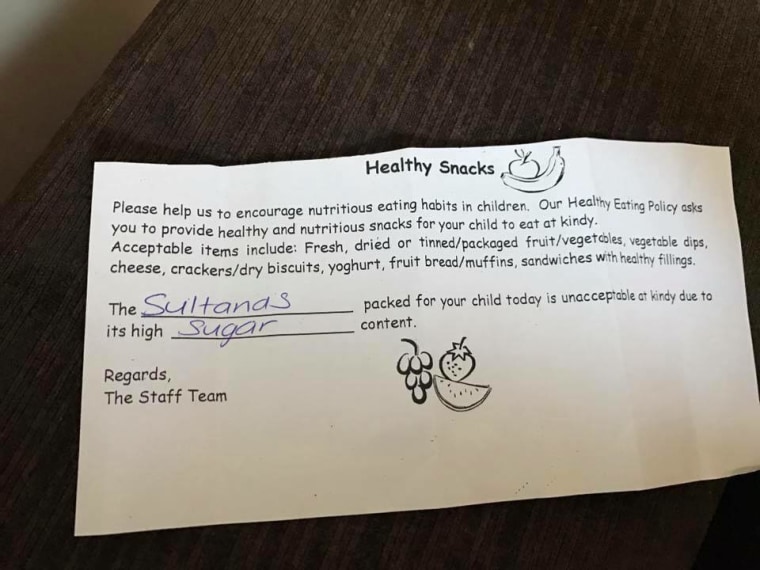 A mother in Australia was told to not to pack raisins in her child's lunch because of the snack's high sugar content.