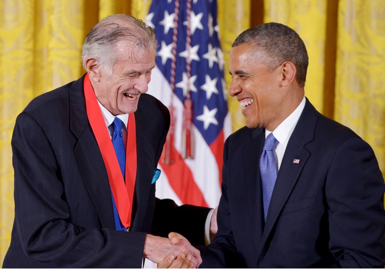 Image: President Barack Obama presents the 2012 National Humanities Medal to sports writer Frank Deford during a ceremony in the East Room of the White House on July 10, 2013 in Washington, DC.