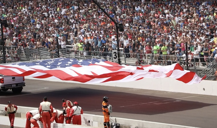The American flag being driven for a lap around the track at the Indy500 on Sunday May 28th, 2017.