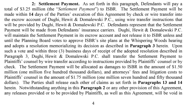 An excerpt of a settlement between Benards Township and the Islamic Society of Basking Ridge.