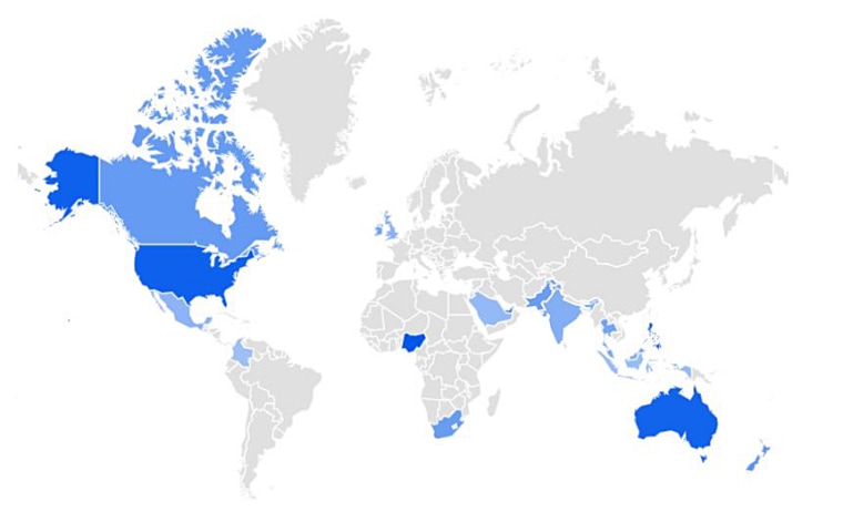 Image: Graphic of a map that shows the interest in the search term 'spelling bee' by region worldwide