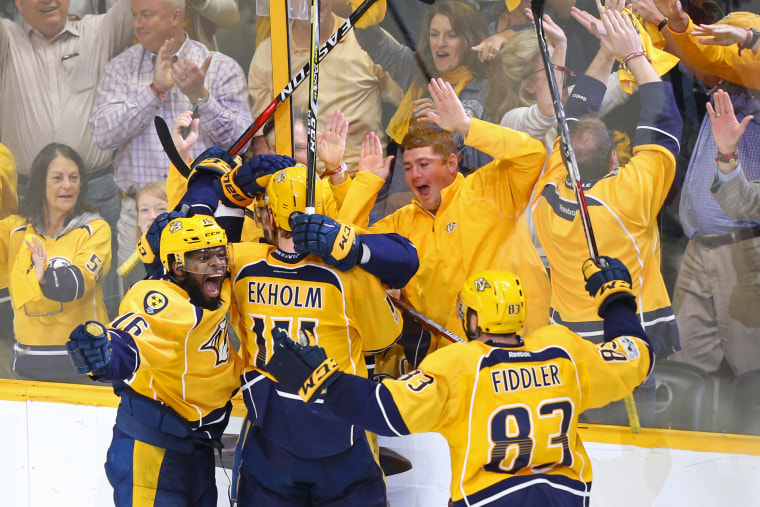 Image: P.K. Subban celebrates with Nashville Predators teammates