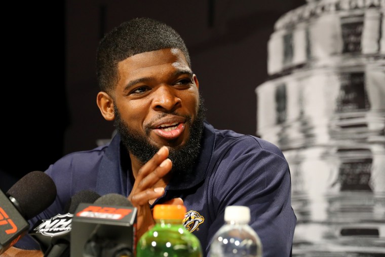 Image: P.K. Subban of the Nashville Predators answers questions ahead of the 2017 NHL Stanley Cup Final