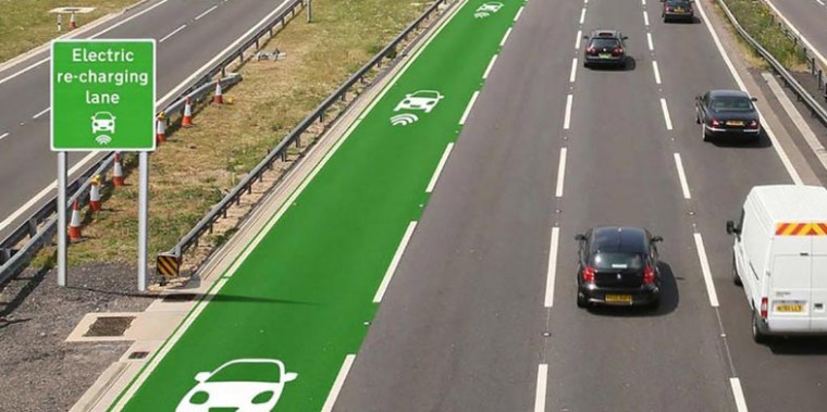 An artist's rendering shows a highway lane that charges electric vehicles as they drive.
