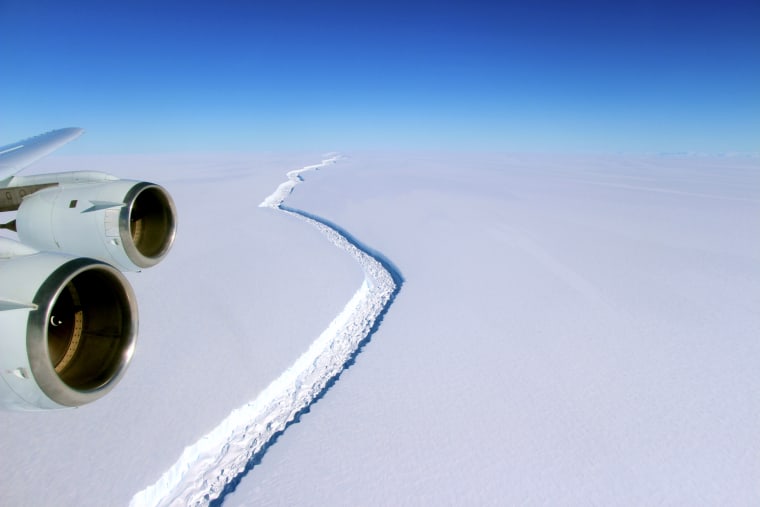 A rift along the Larsen C ice shelf from the vantage point of NASA's DC-8 research aircraft. Image acquired by NASA on November 10, 2016.