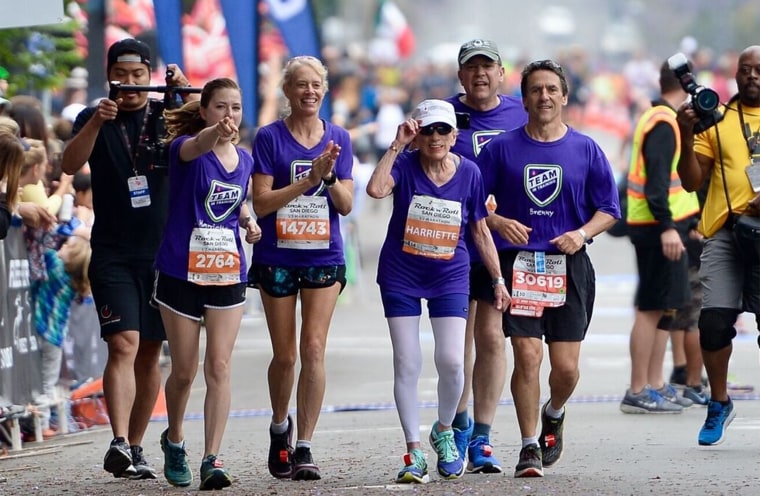 The crowd burst into cheers when Harriette Thompson, 94, crossed the finish line at the Rock 'n' Roll Marathon in San Diego.