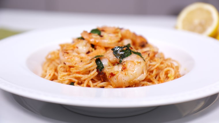 Shrimp and Angel Hair Pasta Cooked in a Foil Packet