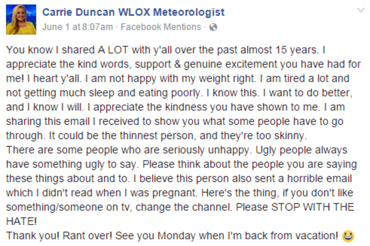 Carrie Duncan took to Facebook to hit back at a viewer who made derogatory comments about her body.