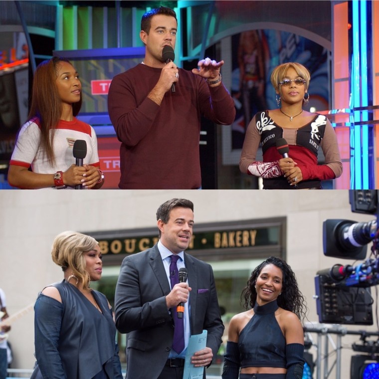 TODAY's Carson Daly with Tionne "T-Boz" Watkins and Rozonda "Chilli" Thomas of TLC in 2002 and 2017.