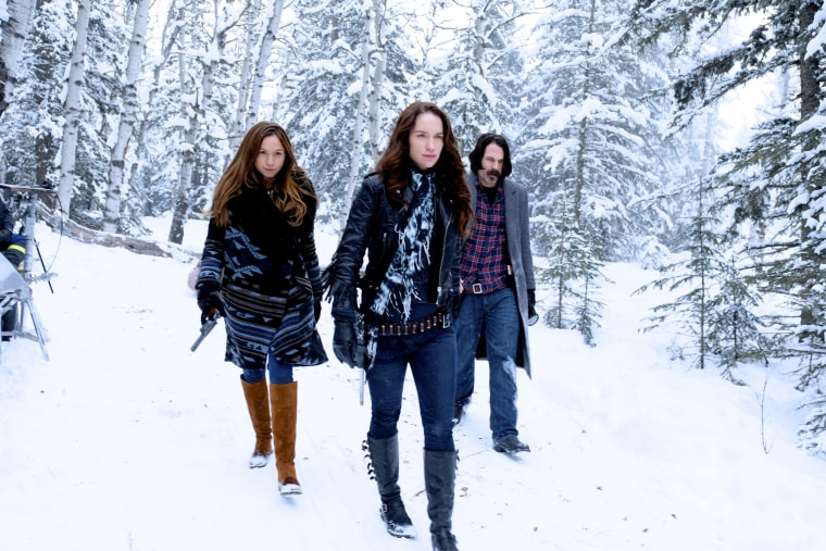 Dominique Provost-Chalkley, Melanie Scrofano and Tim Rozon on "Wynonna Earp"