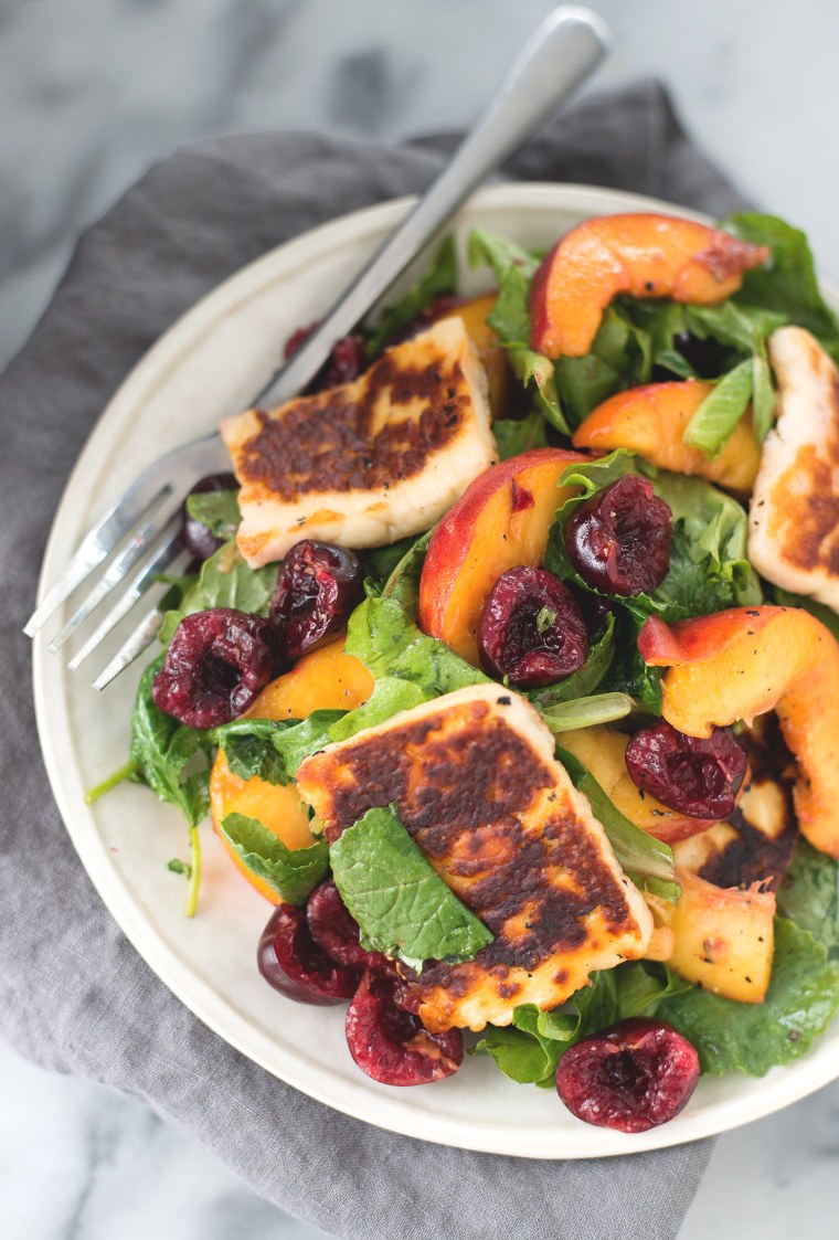 Image: Peach cherry halloumi salad