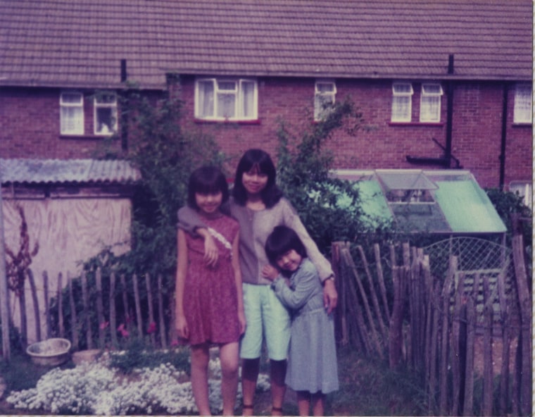 Childhood photo of Mimi Lok with her aunt and younger sister at home in Epping.