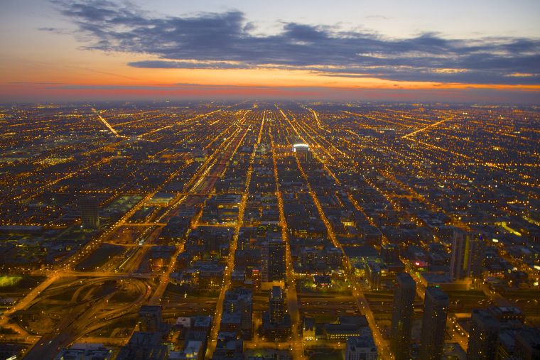 Evening view of Chicago illuminated street grid