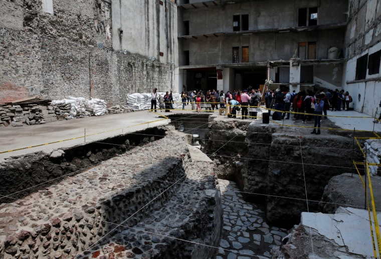 Image: A new Aztec discovery of the remains of the main temple of the wind god Ehecatl, a major deity, is seen during a tour of the area, located just off the Zocalo plaza in the heart of downtown Mexico City