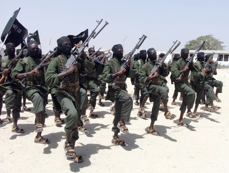 Image: Hundreds of newly trained al-Shabab fighters perform military exercises in the Lafofe area some 18 km south of Mogadishu, in Somalia, Feb. 17, 2011.