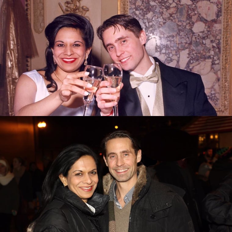 Then and now: Gandhi and her husband on their wedding day (top), and today, 20 years later (bottom).