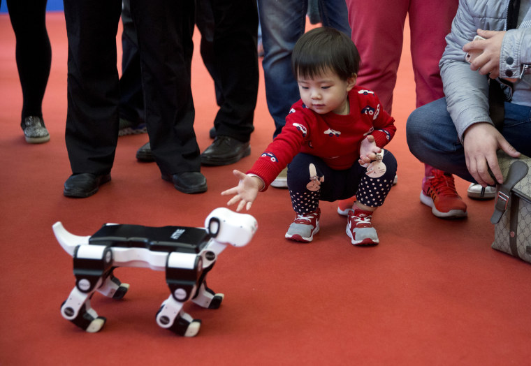 A child reaches out to a robotic dog at the World Robot Conference in Beijing in 2016.