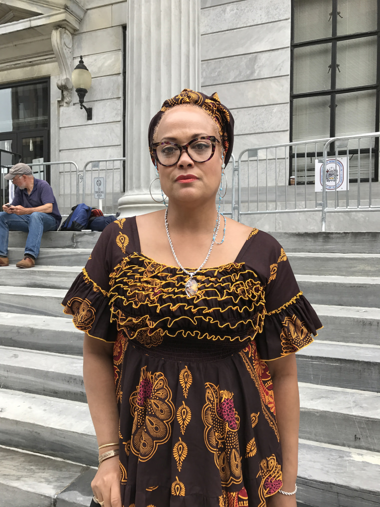 Image: Jewel Allison stands on the courthouse steps after a mistrial is declared in the Bill Cosby case, June 17, 2017.