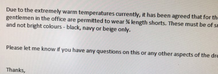 Barge tweeted this photo of an email from his company, amending its 'no shorts' rule for men at the office. 