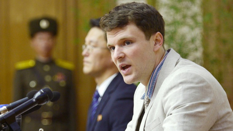 Otto Warmbier attends a new conference in Pyongyang North Korea