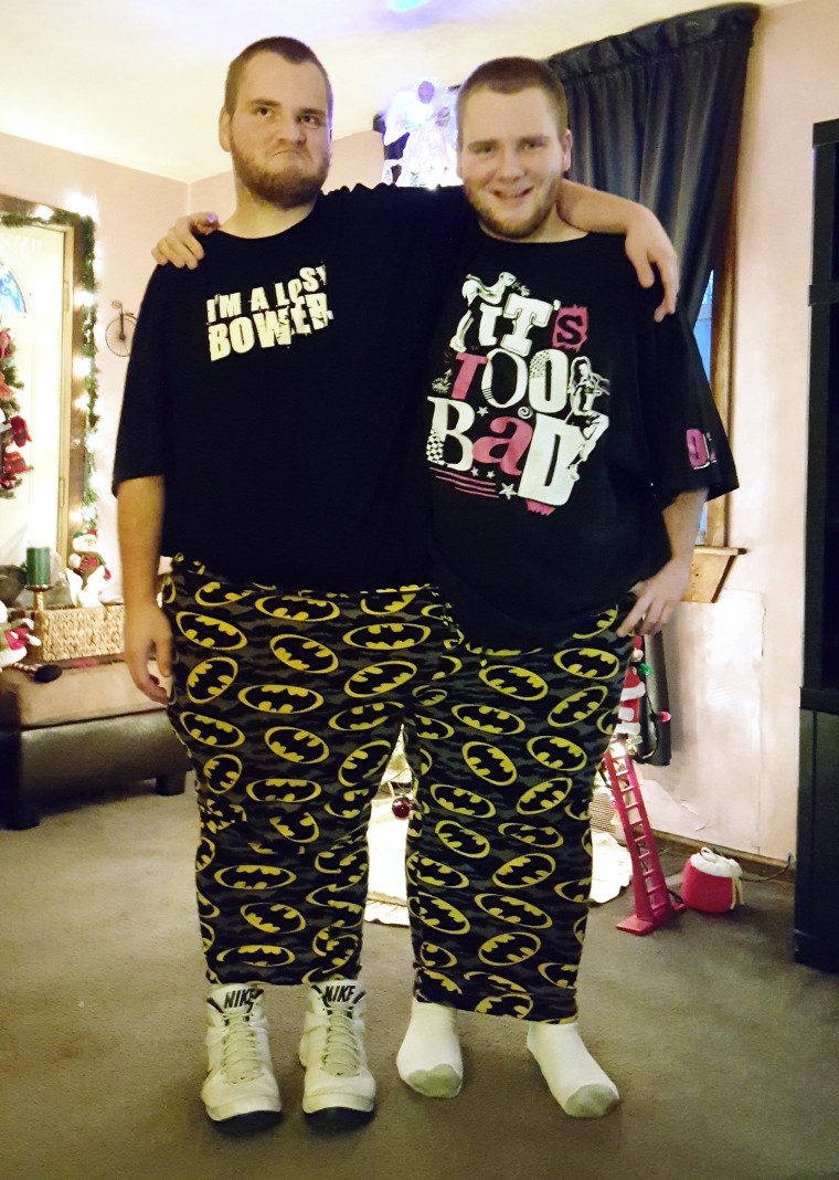 Since twins Dillon and Cory lost weight, about 175 and 167 pound, respectively, the two can fit into one pair of pyjama pants that one of them wore when they weighed more than 400 pounds.