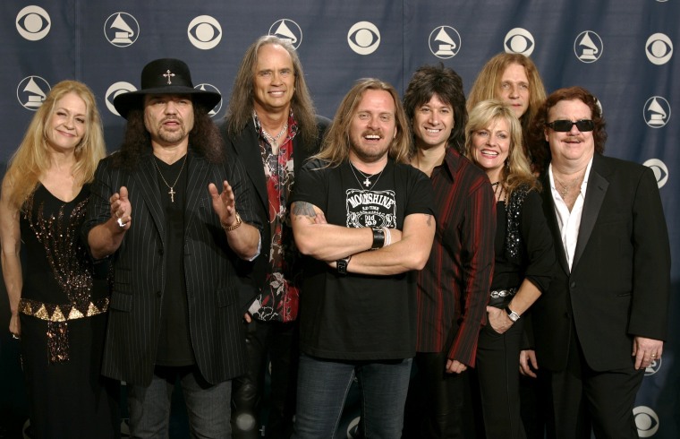 Image: FILE PHOTO - Members of the band Lynyrd Skynyrd backstage after performing in the 47th annual Grammy Awards in Los Angeles