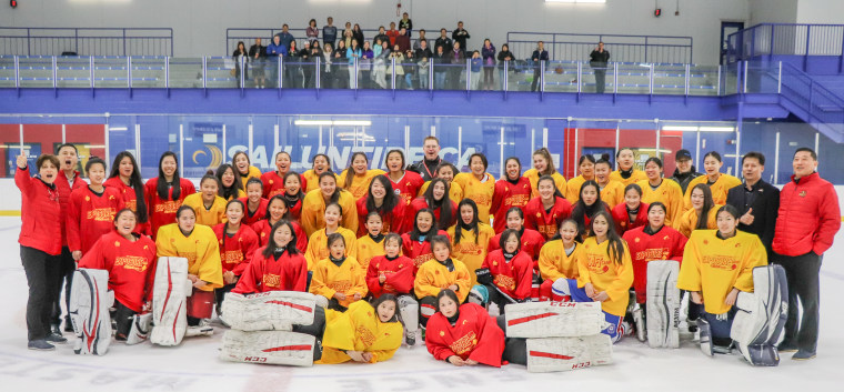 A group of hockey players of Chinese descent at a training camp hosted by China's national hockey team.