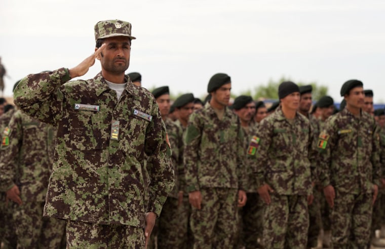 Afghan National Army soldiers wear forest camouflage uniforms.