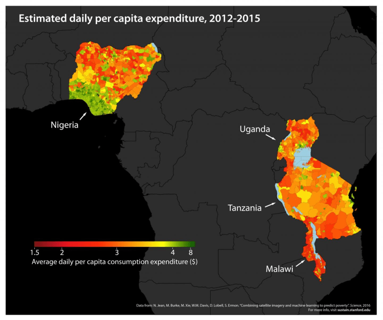 Stanford researchers combine high-resolution satellite imagery with powerful machine learning algorithms to predict poverty in Nigeria, Uganda, Tanzania, Rwanda and Malawi.