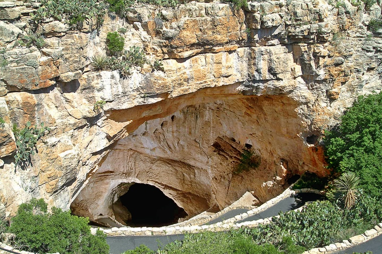 Image: Switchbacks descend into the natural entrance of Carlsbad Caverns