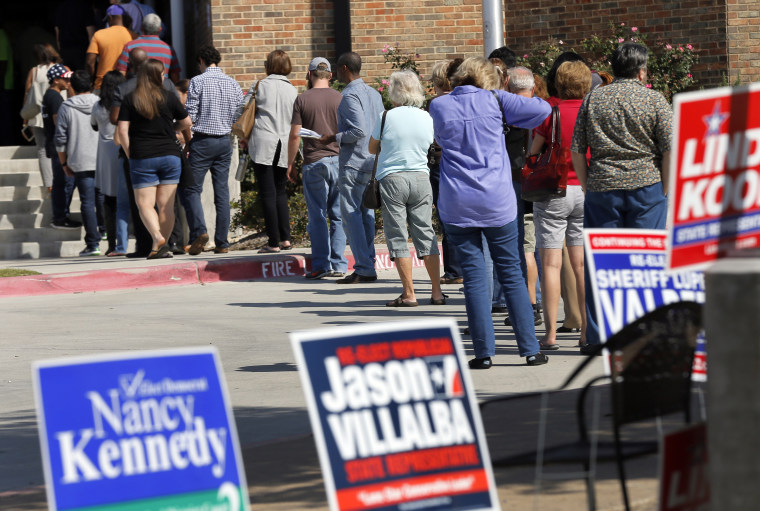 A photo of early voters as they wait in line at a voting location, Thursday, Oct. 27, 2016, in Dallas.