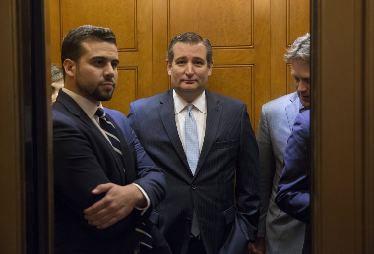 Image: Republican Senator from Texas Ted Cruz gets in an elevator after leaving the Senate chamber on Capitol Hill