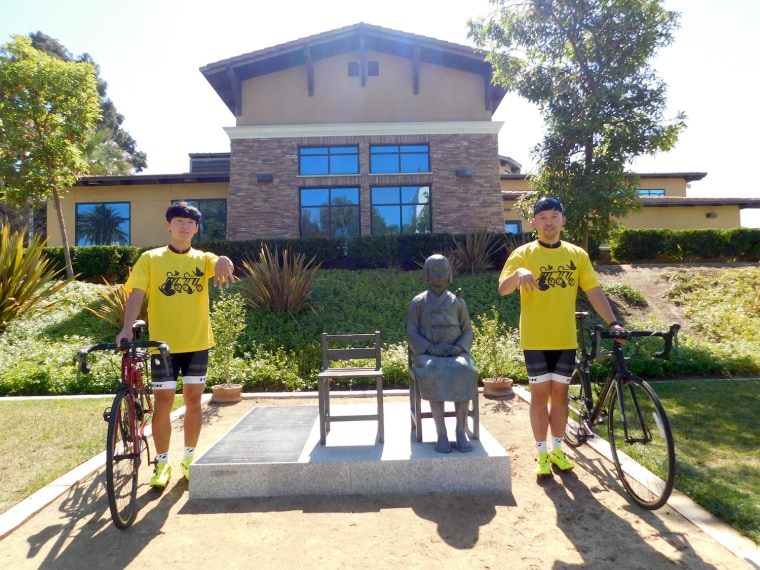 Yong-joo Jo (left), 21, and Joo-young Ha (right), 25, will bike from Los Angeles to New York to raise awareness about "comfort women" who were forced into Japanese military-run brothels during World War II. The two will make stops in major cities along the way - including Albuquerque, Chicago and Washington D.C. - to demonstrate outside the Japanese Consulates.