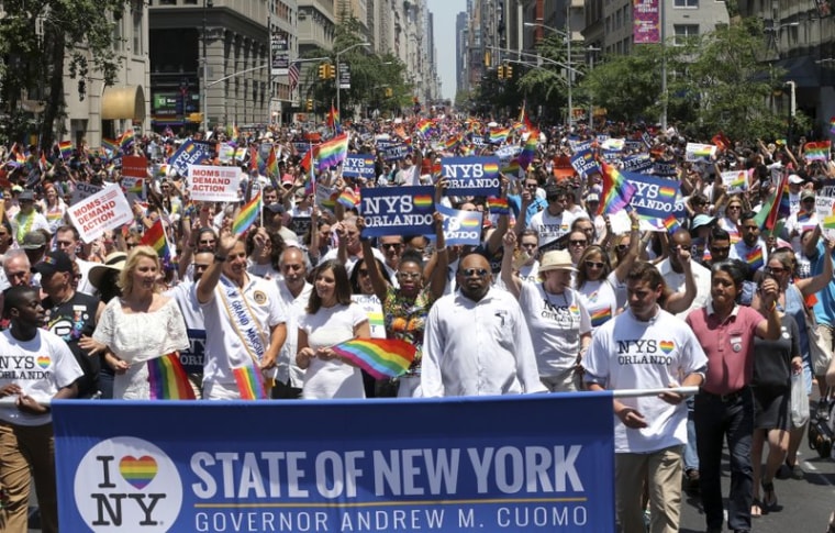 In this June 26, 2016 photo, marchers filled the street during New York City's pride parade.