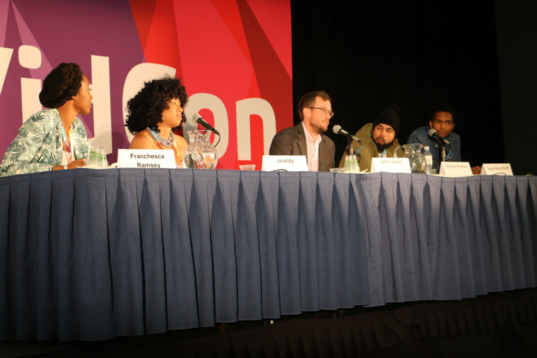 From left to right: Franchesca Leigh, Jouelzy, John Green, Humza Arshad, and Sam Saffold. The five content creators spoke on a panel about YouTube's Creators for Change initiative during the 8th Annual VidCon held in Anaheim, California, June 23, 2017.