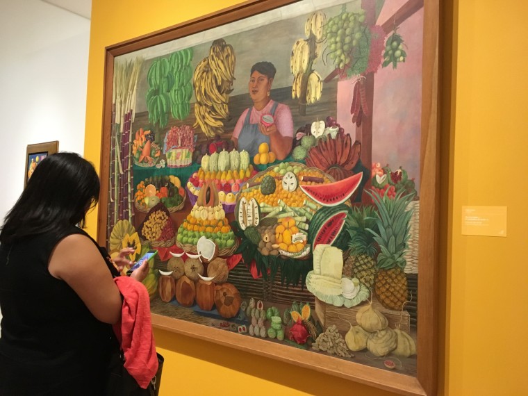 This painting, "La vendedora de frutas (The Fruit Vendor)" by Olga Costa, who was friends with Frida Kahlo, is part of a Dallas Museum of Art exhibit of 50 years of art from Mexico. 