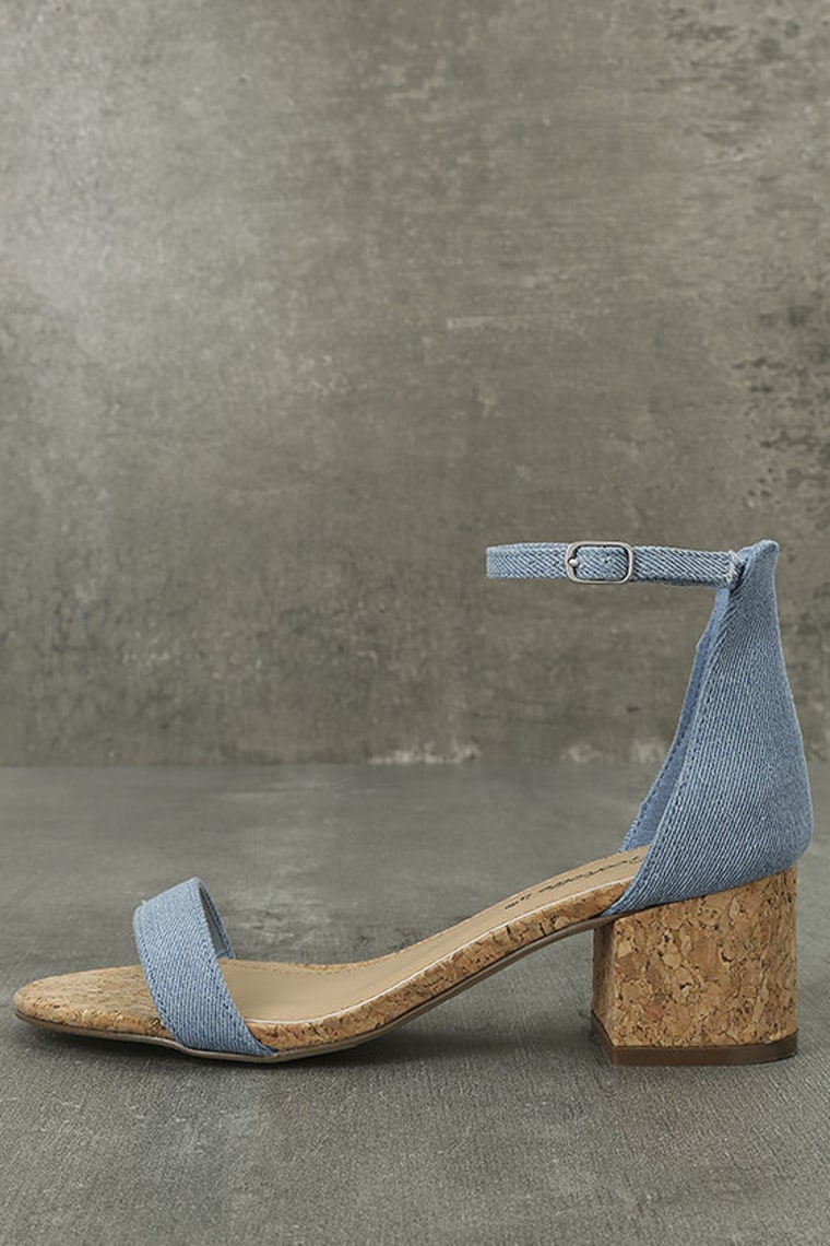 JUNE BLUE DENIM CORK ANKLE STRAP HEELS