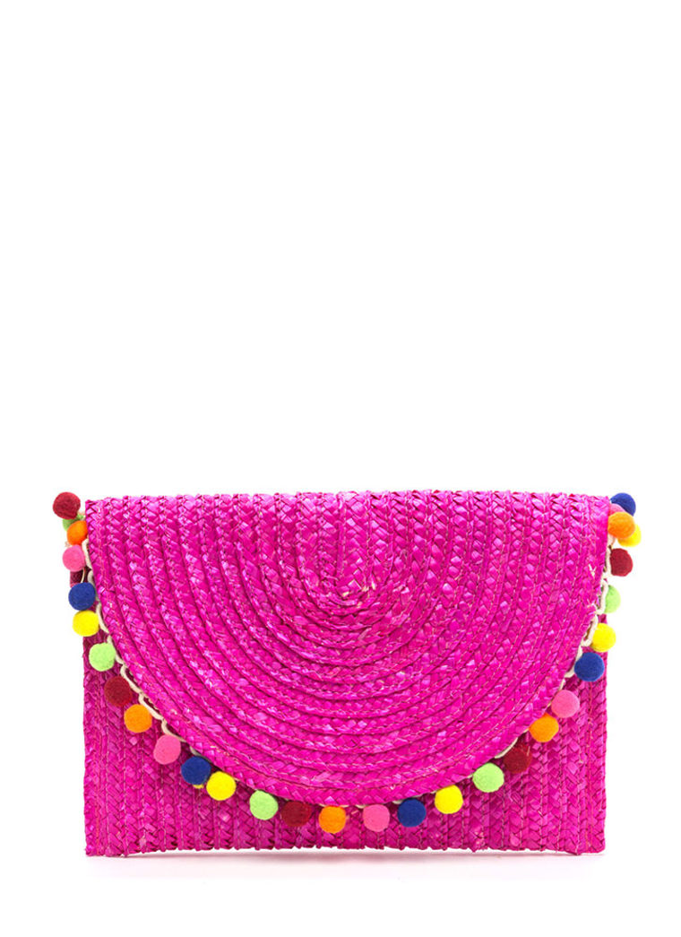 Pom-Pom Reader Woven Straw Clutch